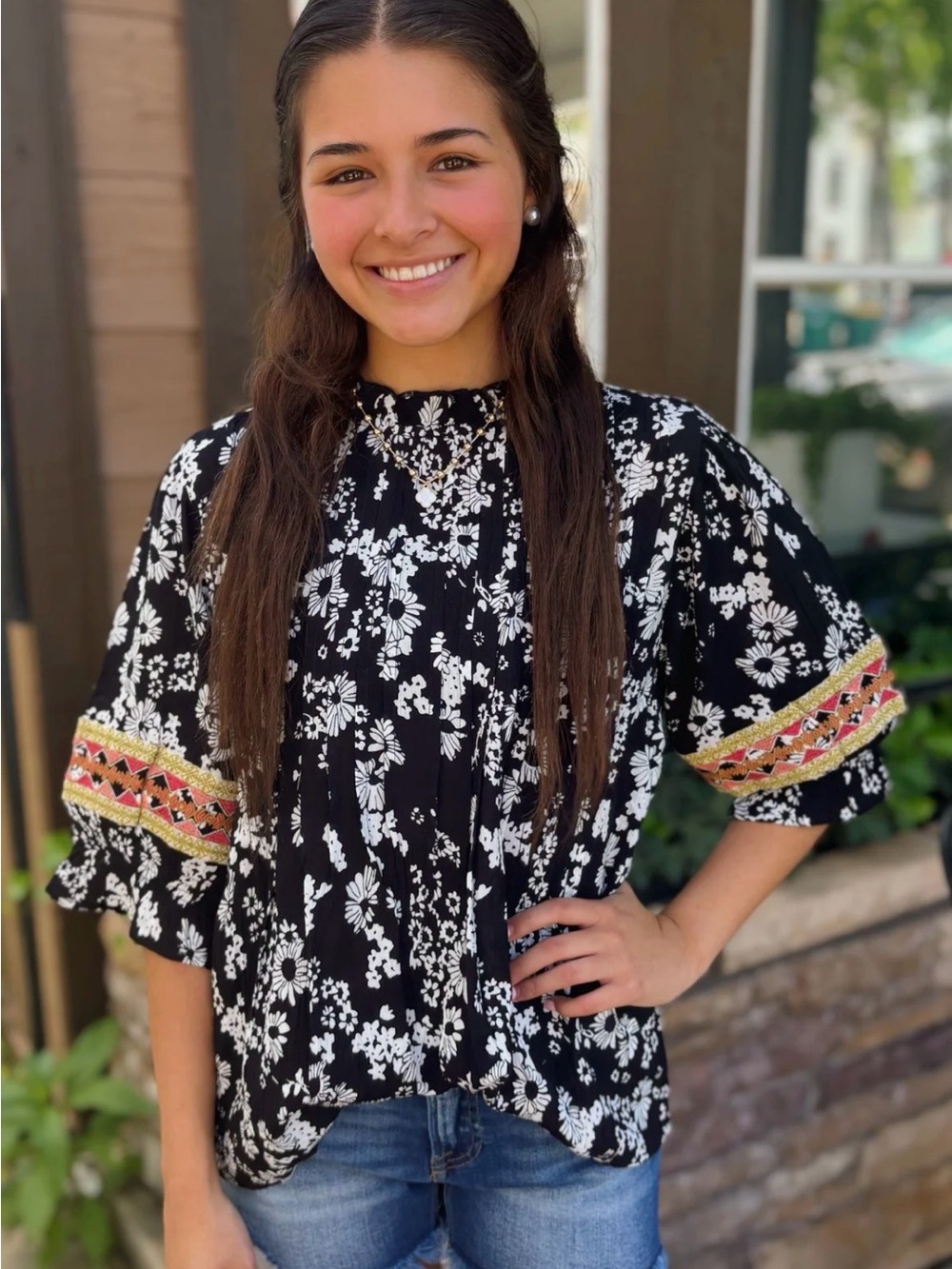 THML Black & White Floral Peasant Blouse with Embroidered Sleeve Bands